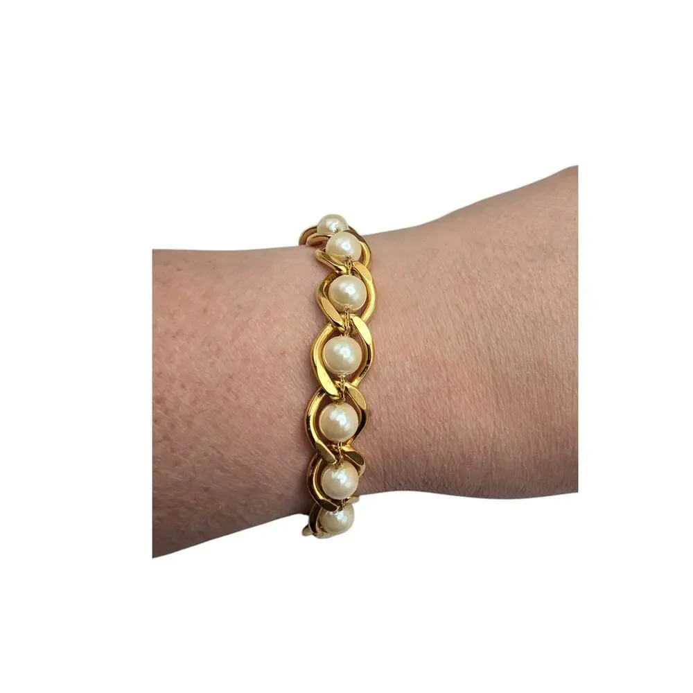 Gold Pearl Link Bracelet Chunky Chain Style Classic Glam Elegant